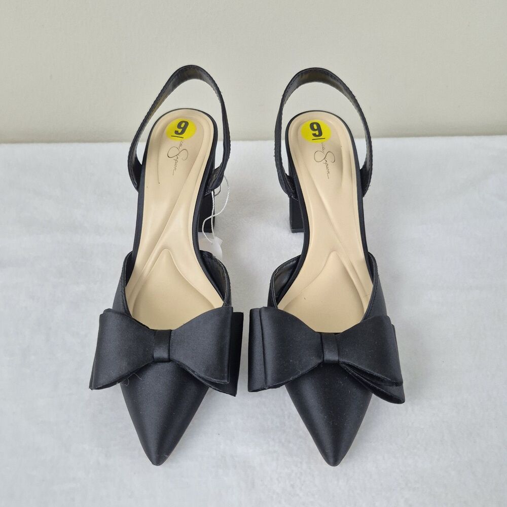 Jessica Simpson Sz 9 40 EU Heels Nekira Satin Black Bow Slingback Shoes NWOB